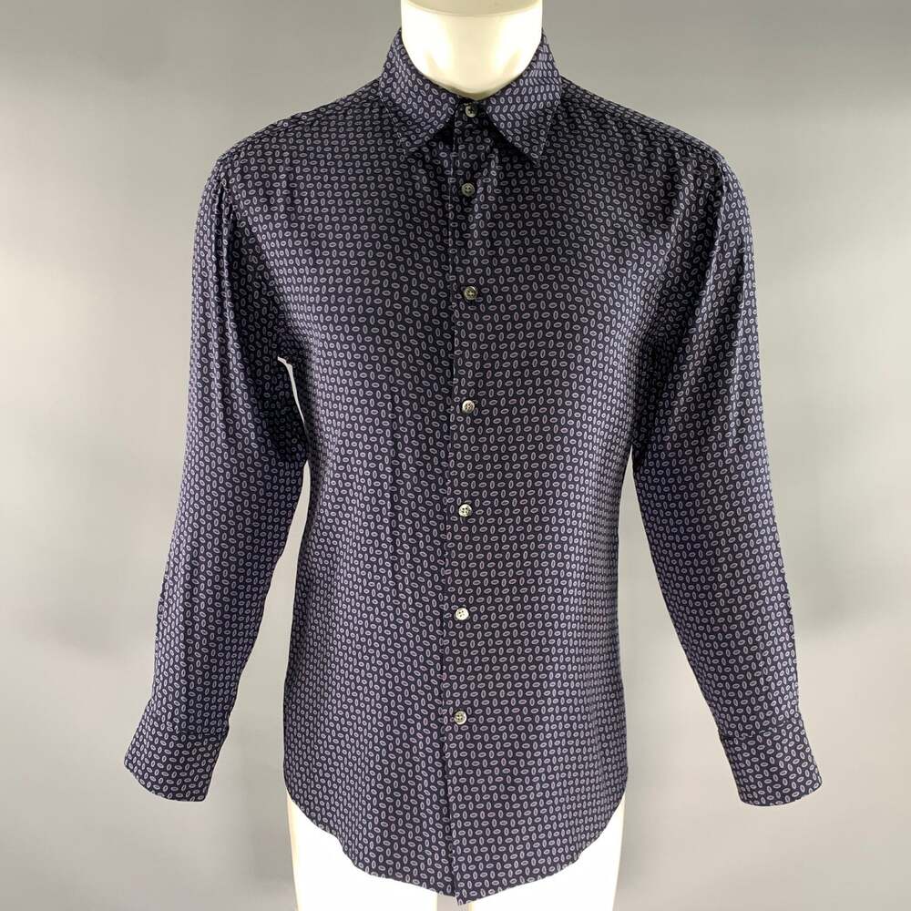 THEORY Size M Navy Burgundy blue Abstract Silk spandex Long Sleeve Shirt